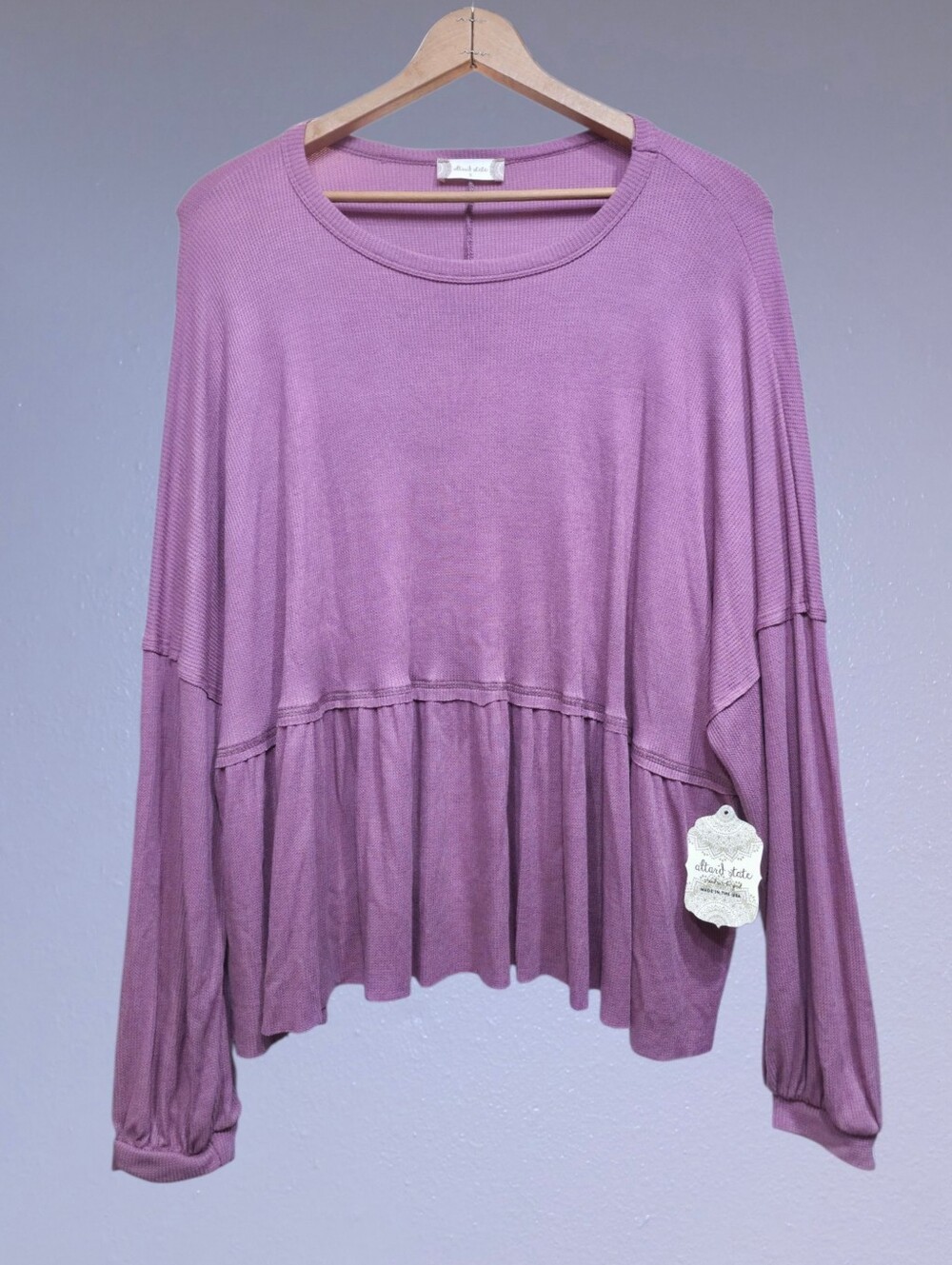Altar'd State Rose Babydoll Waffle Knit Drop Waist Peplum Dolman Sleeve Small